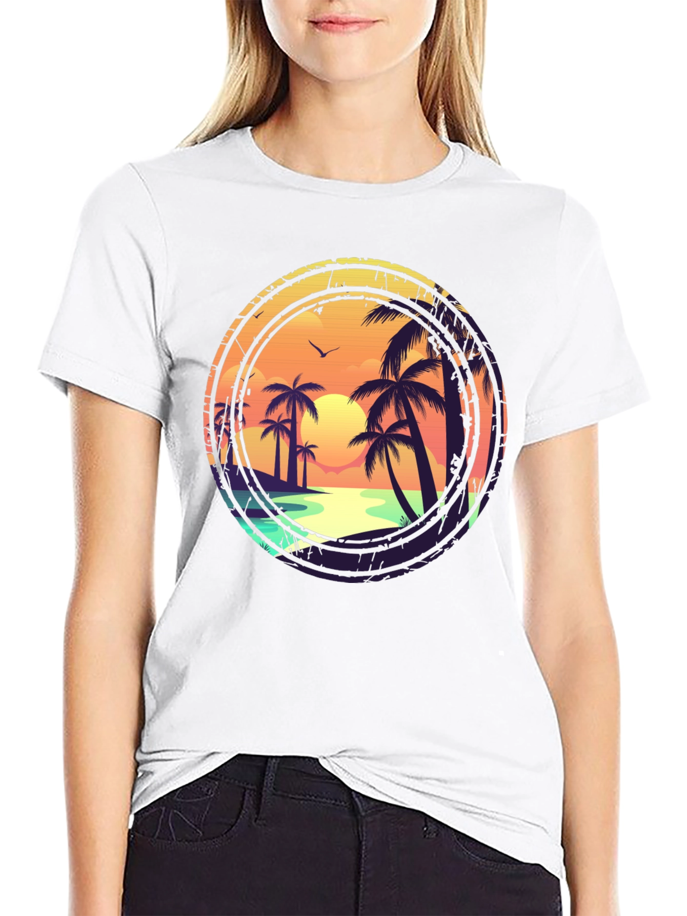 Sunset Beach Graphic Tee - Tropical Palm Tree Design