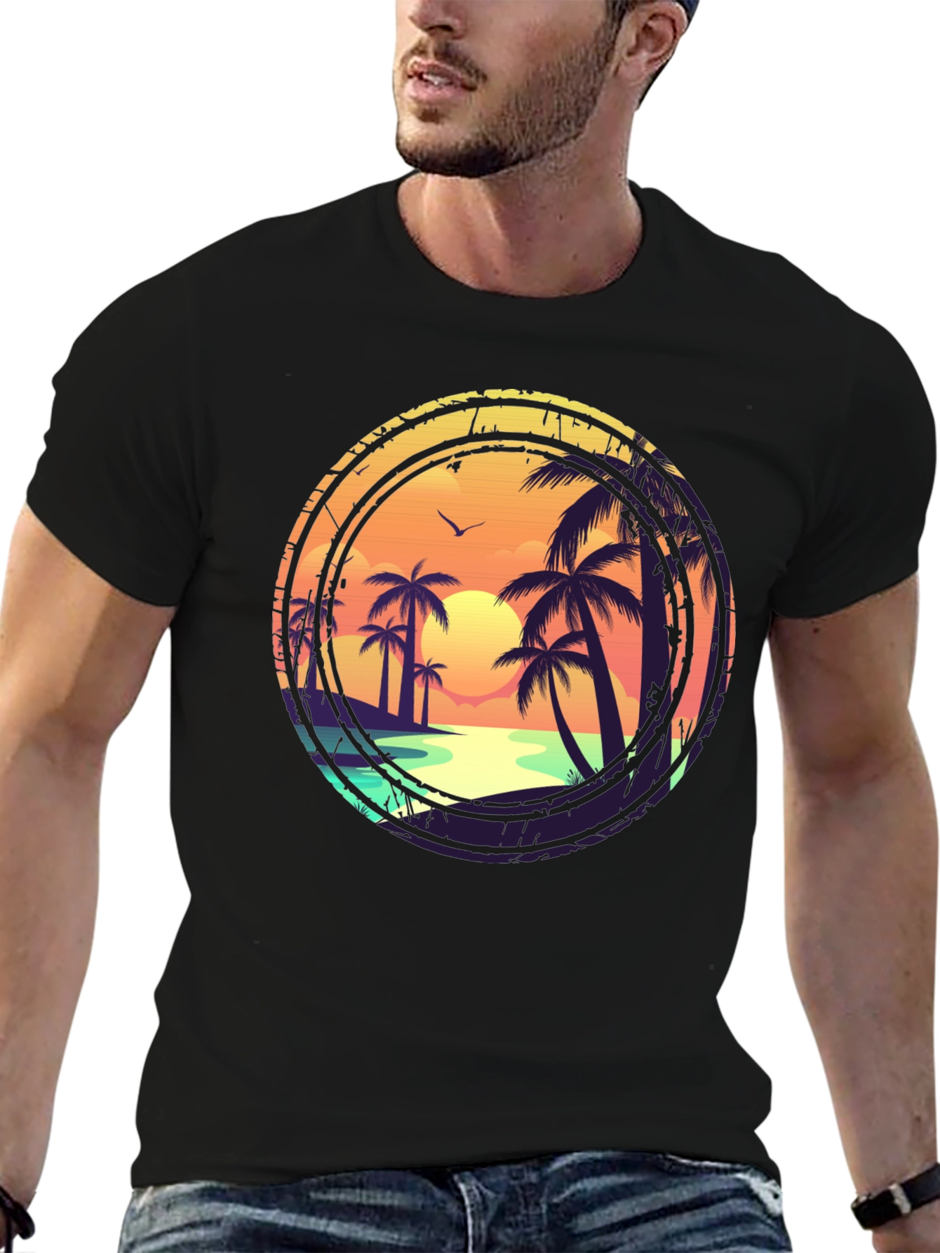 Sunset Beach Graphic Tee - Tropical Palm Tree Design