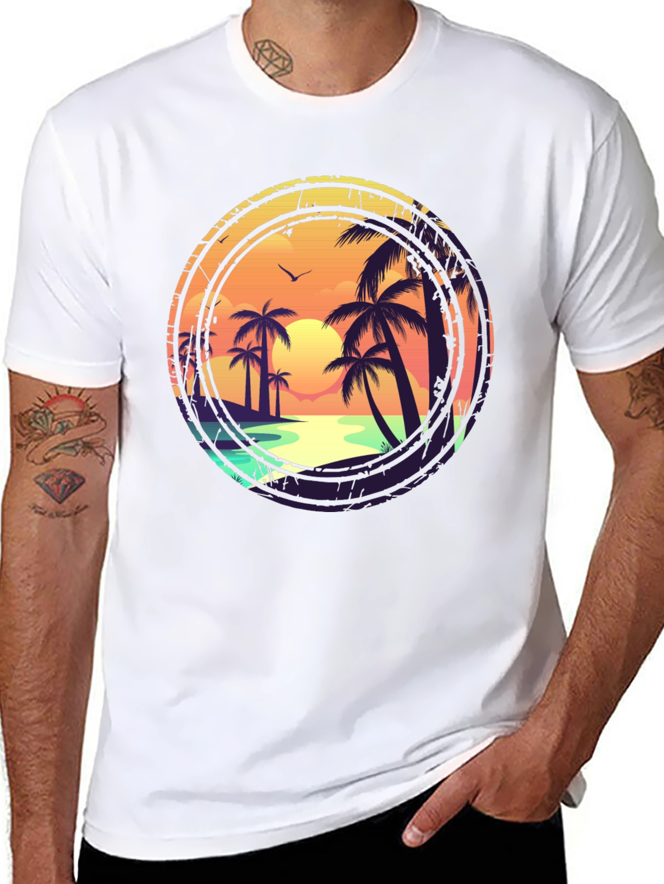 Sunset Beach Graphic Tee - Tropical Palm Tree Design