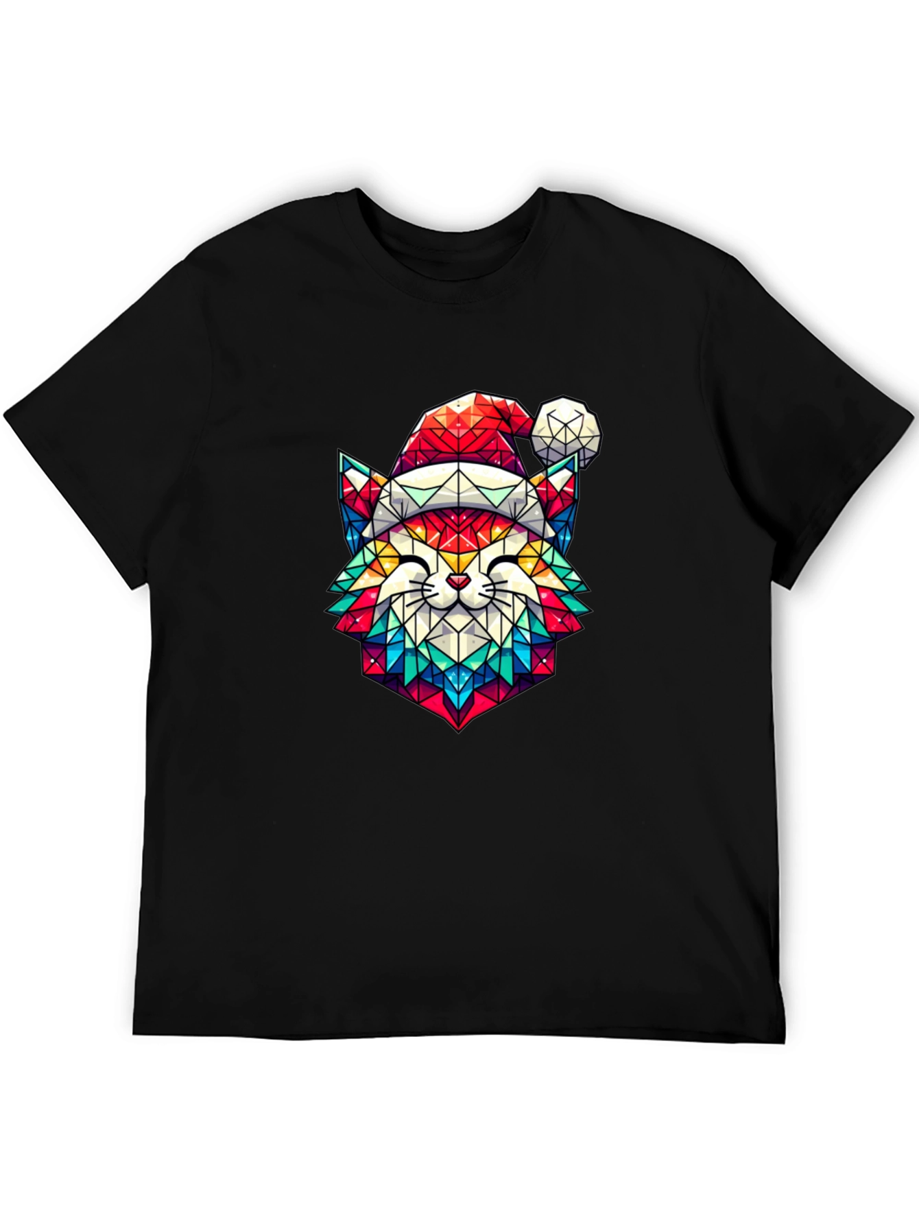 Festive Feline Tee - Geometric Cat in Santa Hat