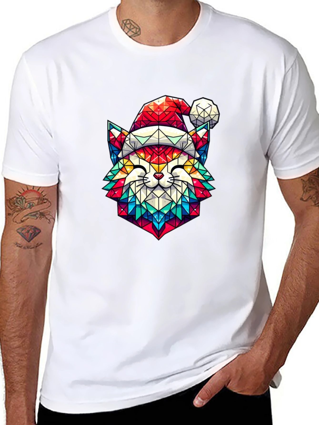 Festive Feline Tee - Geometric Cat in Santa Hat