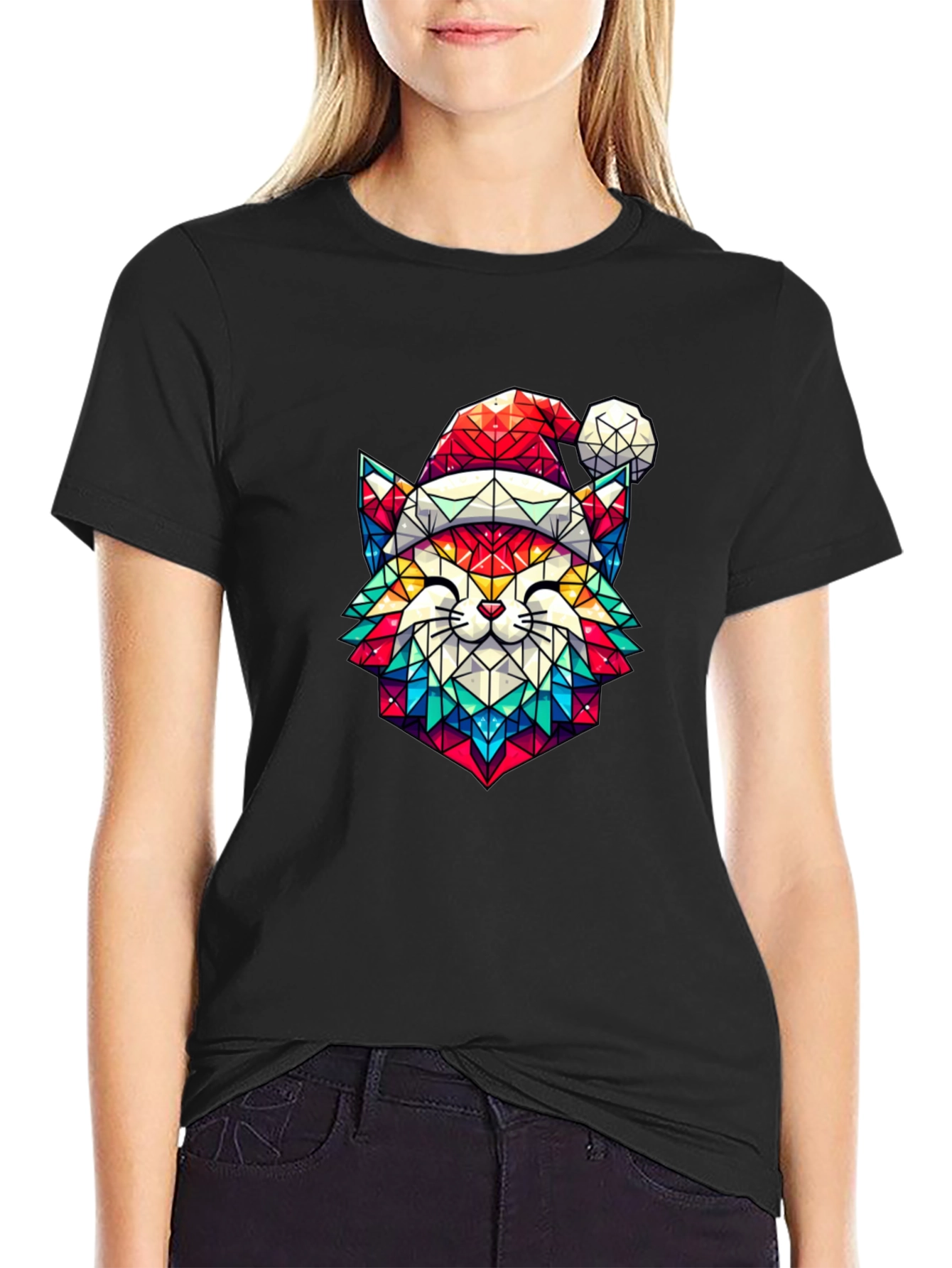 Festive Feline Tee - Geometric Cat in Santa Hat