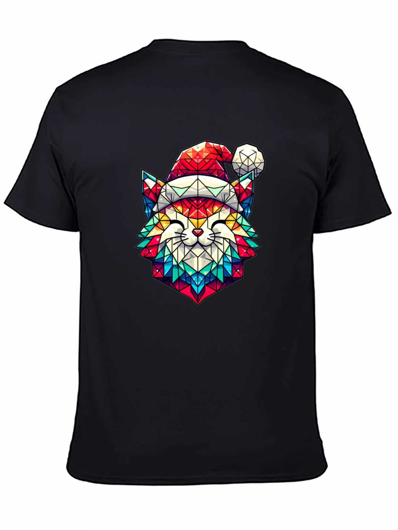 Festive Feline Tee - Geometric Cat in Santa Hat