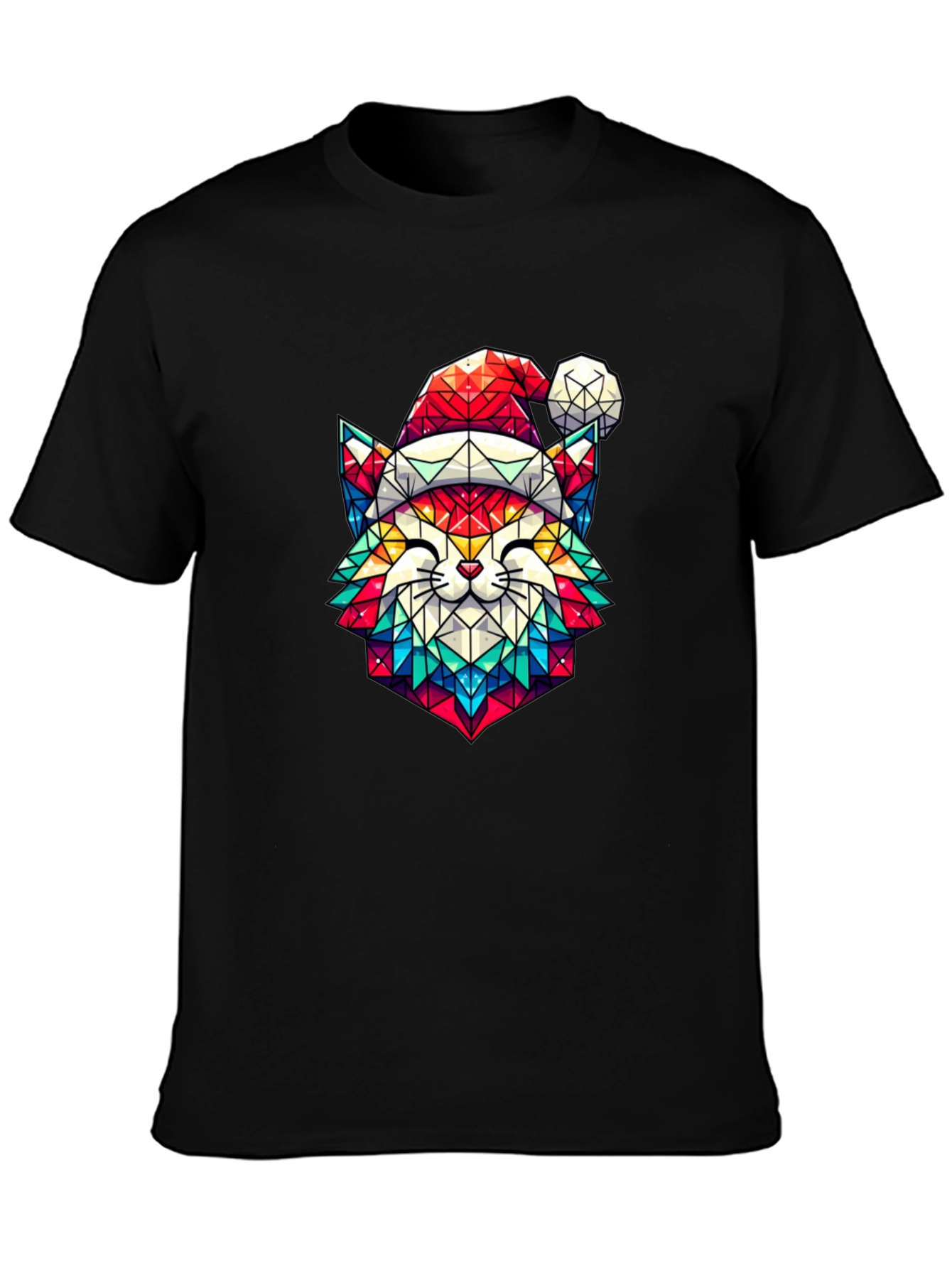 Festive Feline Tee - Geometric Cat in Santa Hat