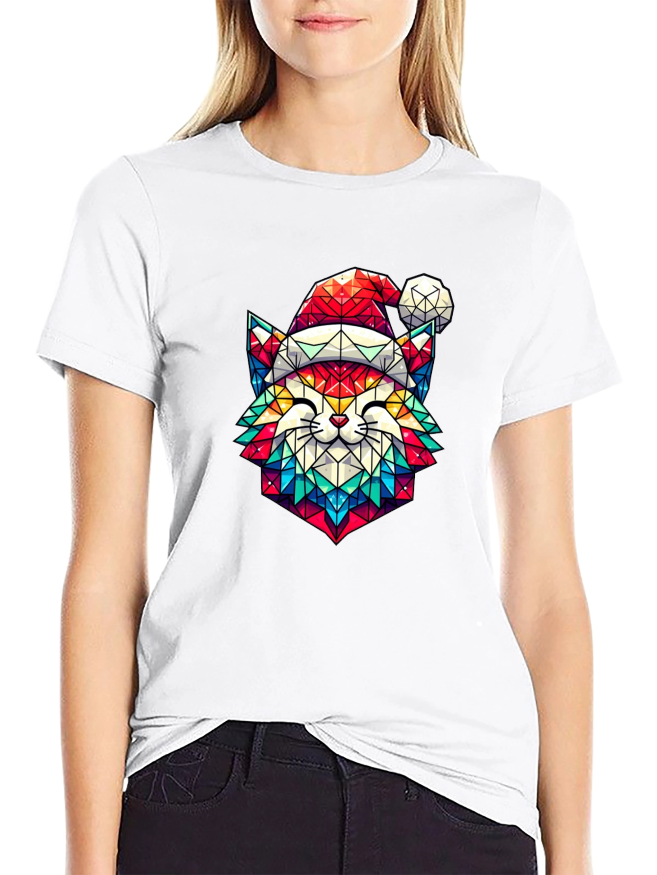 Festive Feline Tee - Geometric Cat in Santa Hat