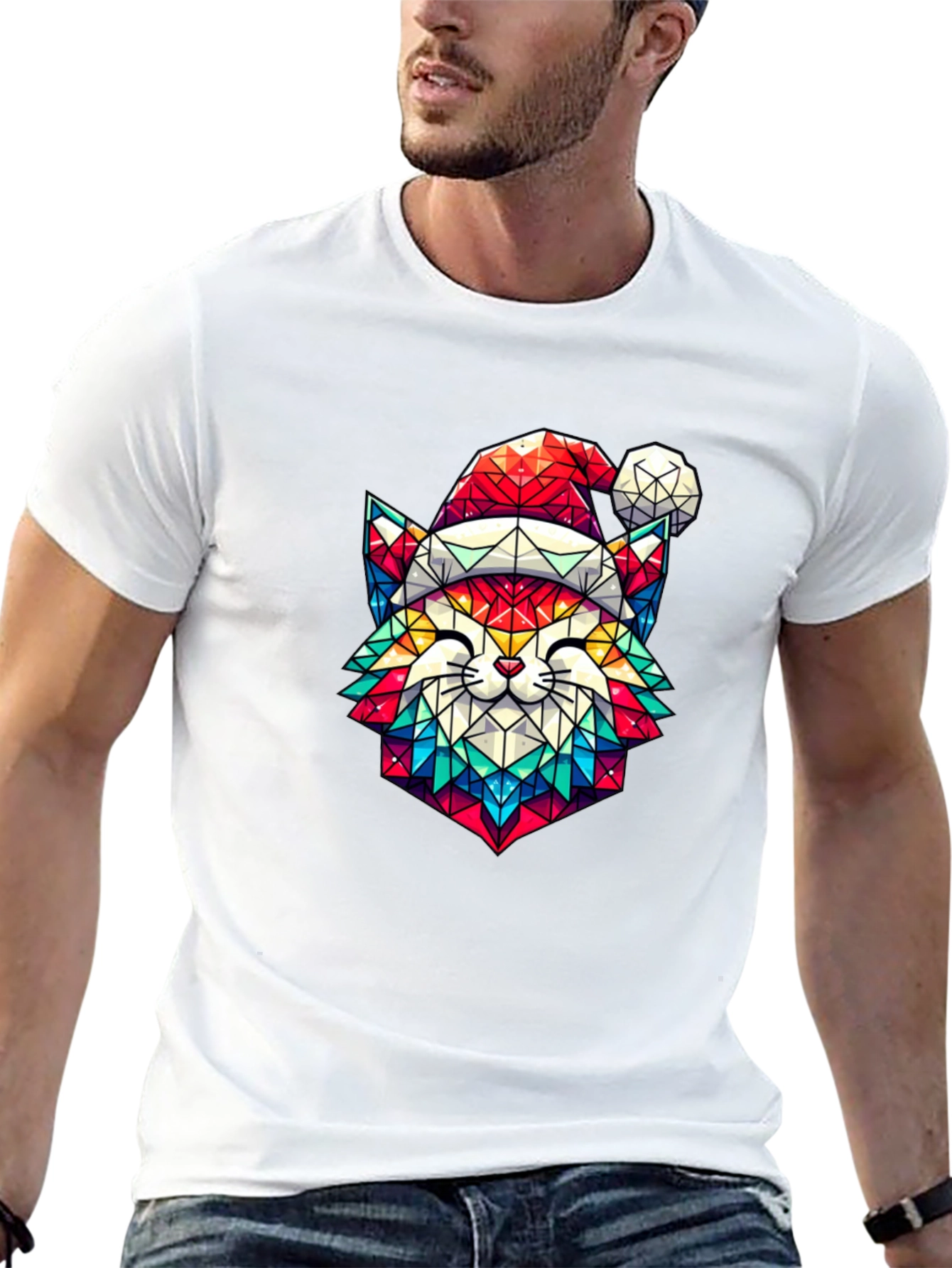 Festive Feline Tee - Geometric Cat in Santa Hat