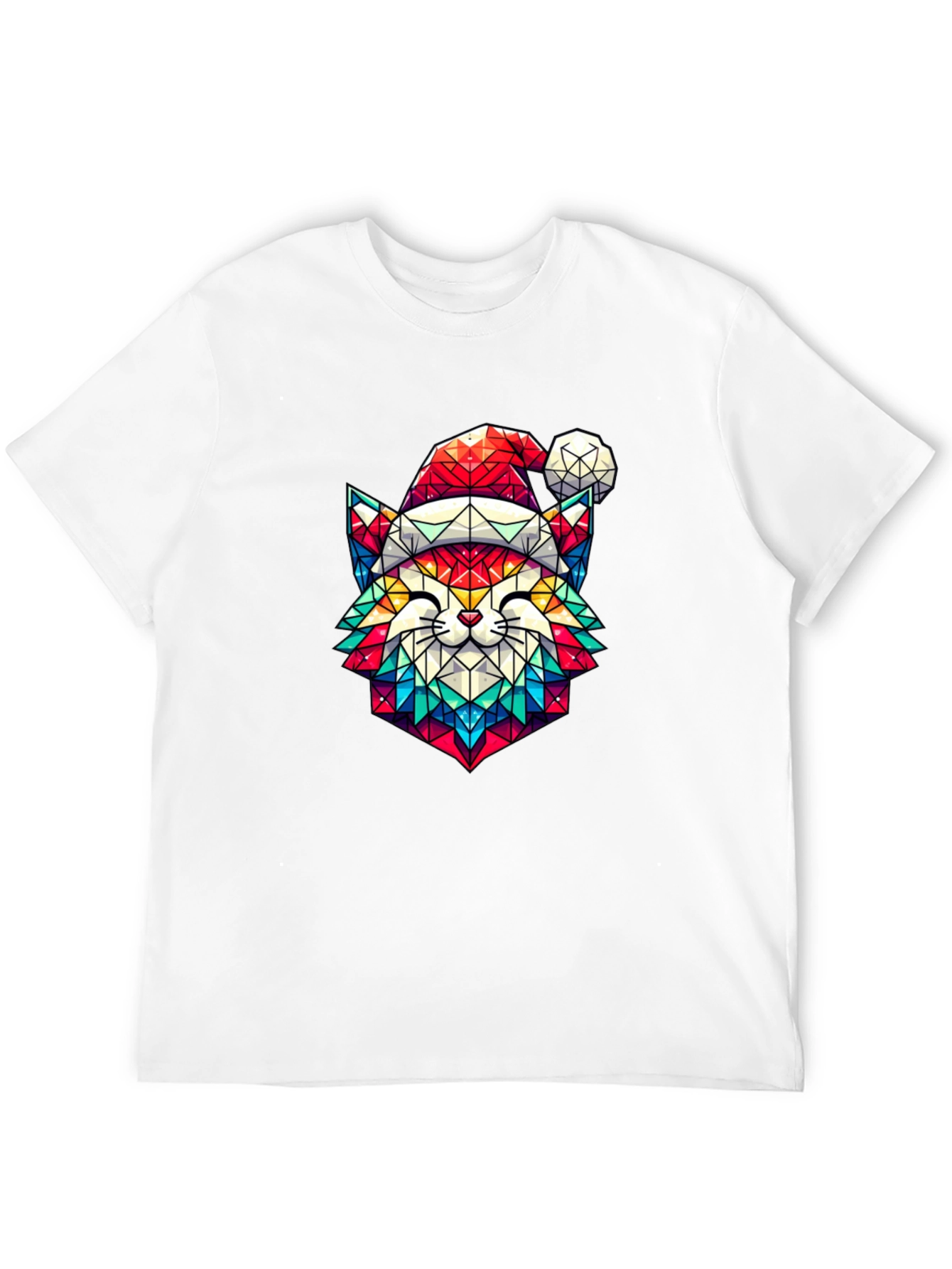 Festive Feline Tee - Geometric Cat in Santa Hat