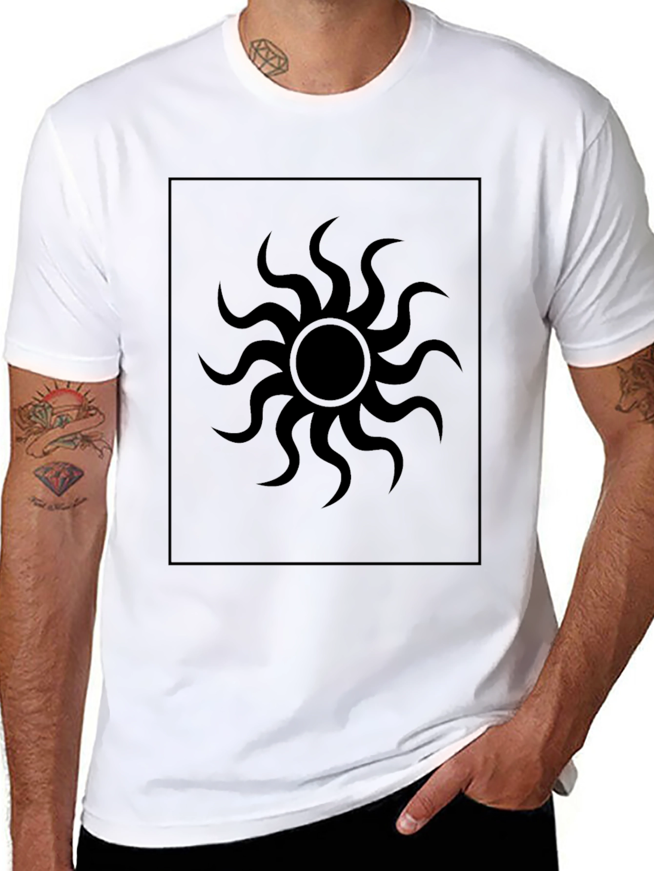 Black Graphic Tee - Sunburst Design Stylish Casual Wear
