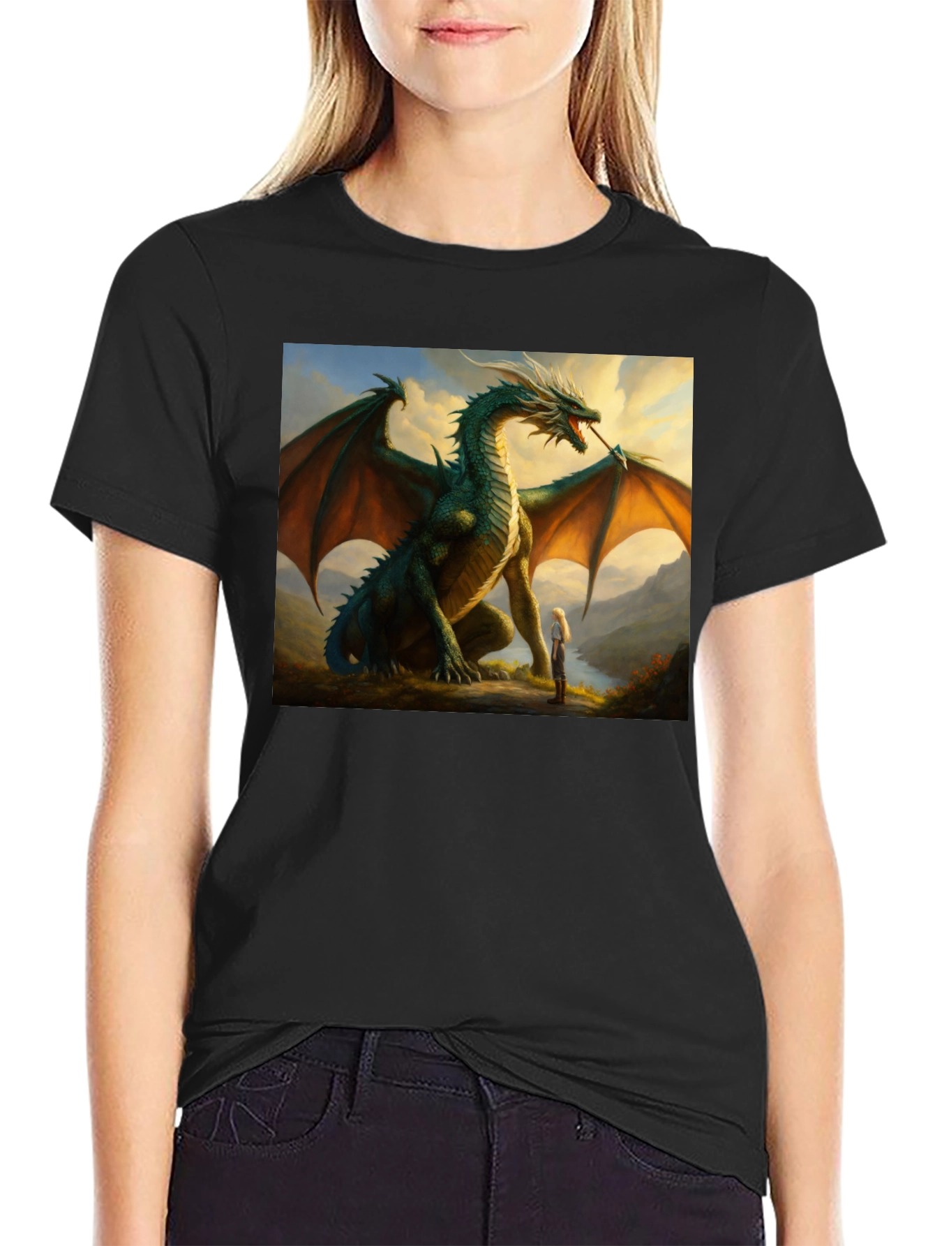 Dragon & Girl Graphic T-Shirt - Fantasy Creature Tee