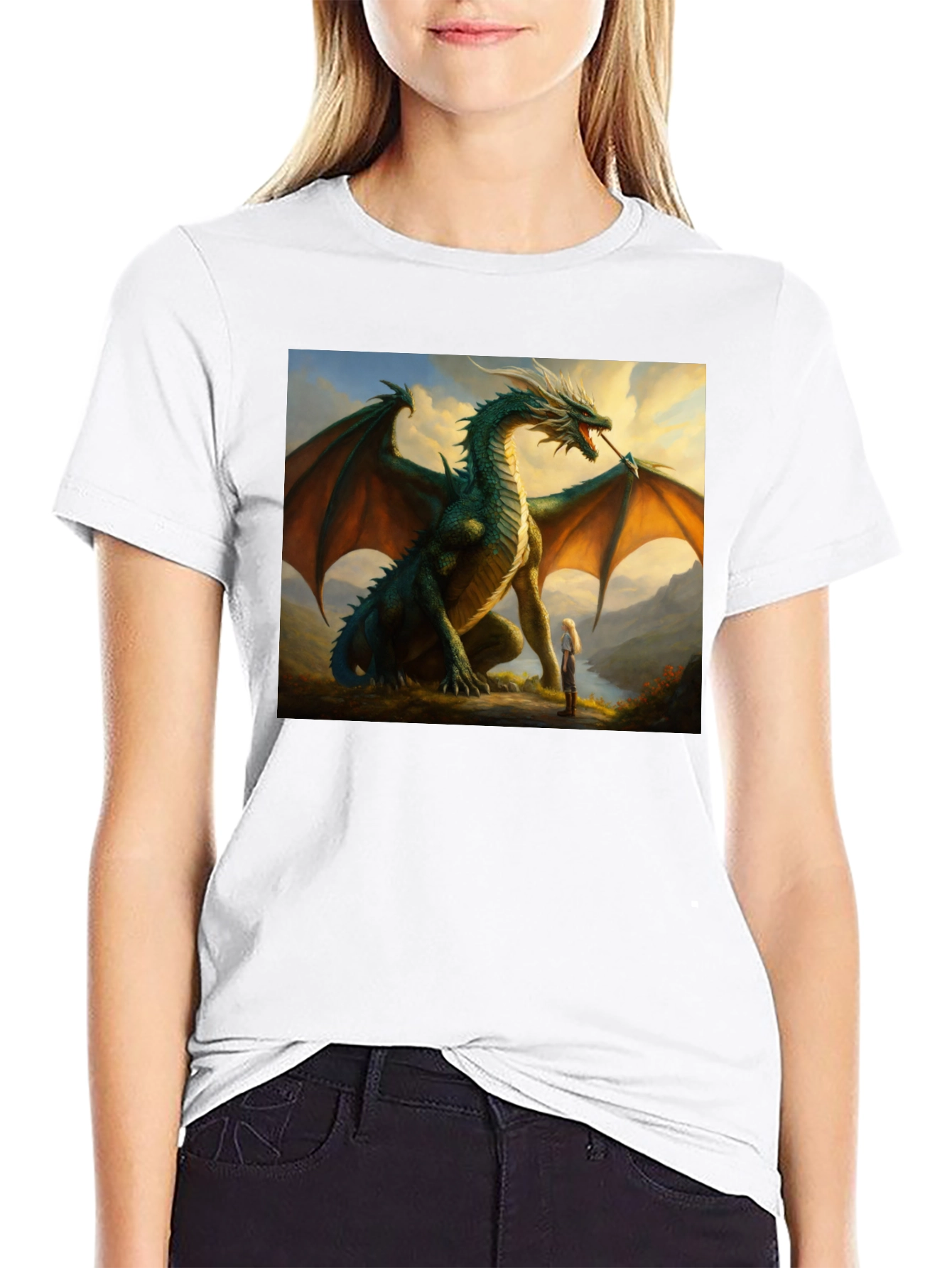 Dragon & Girl Graphic T-Shirt - Fantasy Creature Tee