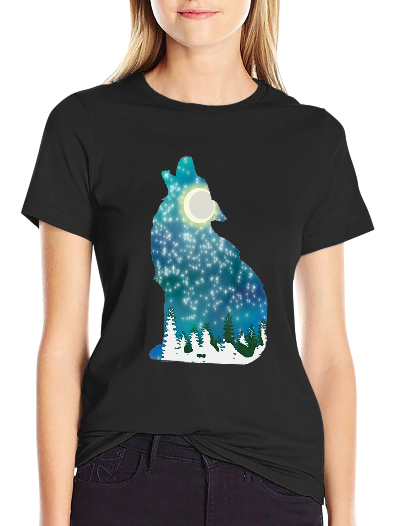 Wolf Moon Night Sky Graphic T-Shirt