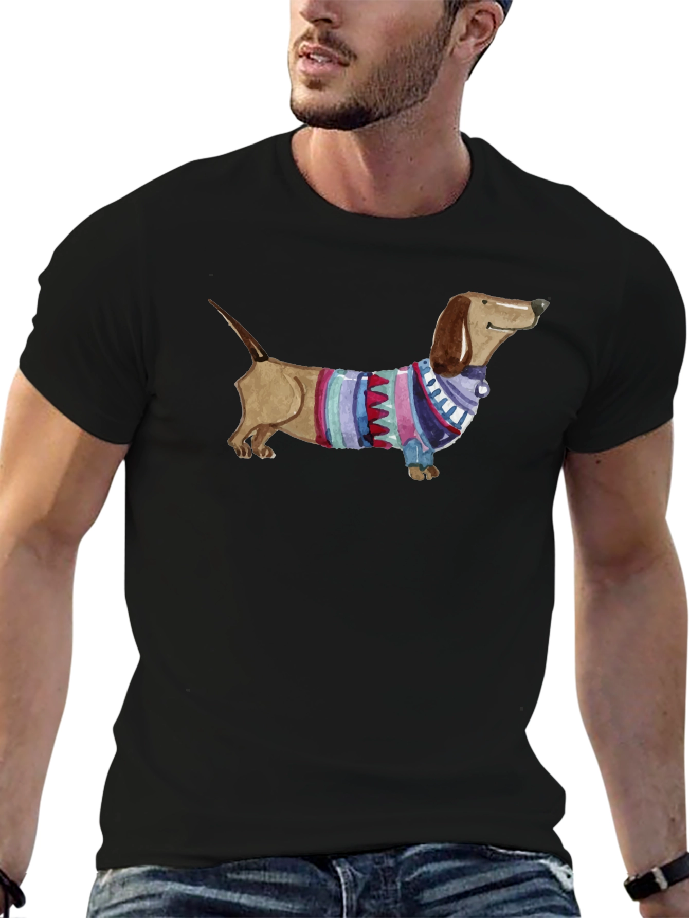 Dachshund in Sweater Graphic Tee - Unisex Black T-Shirt