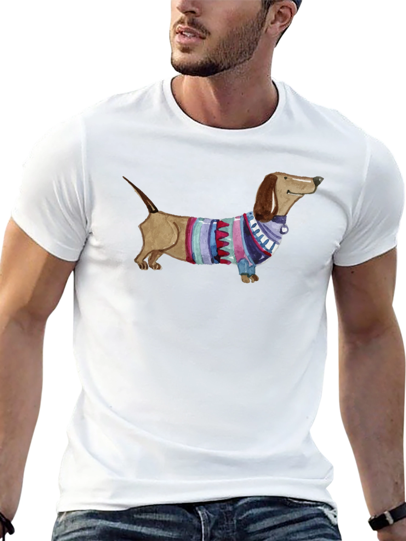 Dachshund in Sweater Graphic Tee - Unisex Black T-Shirt