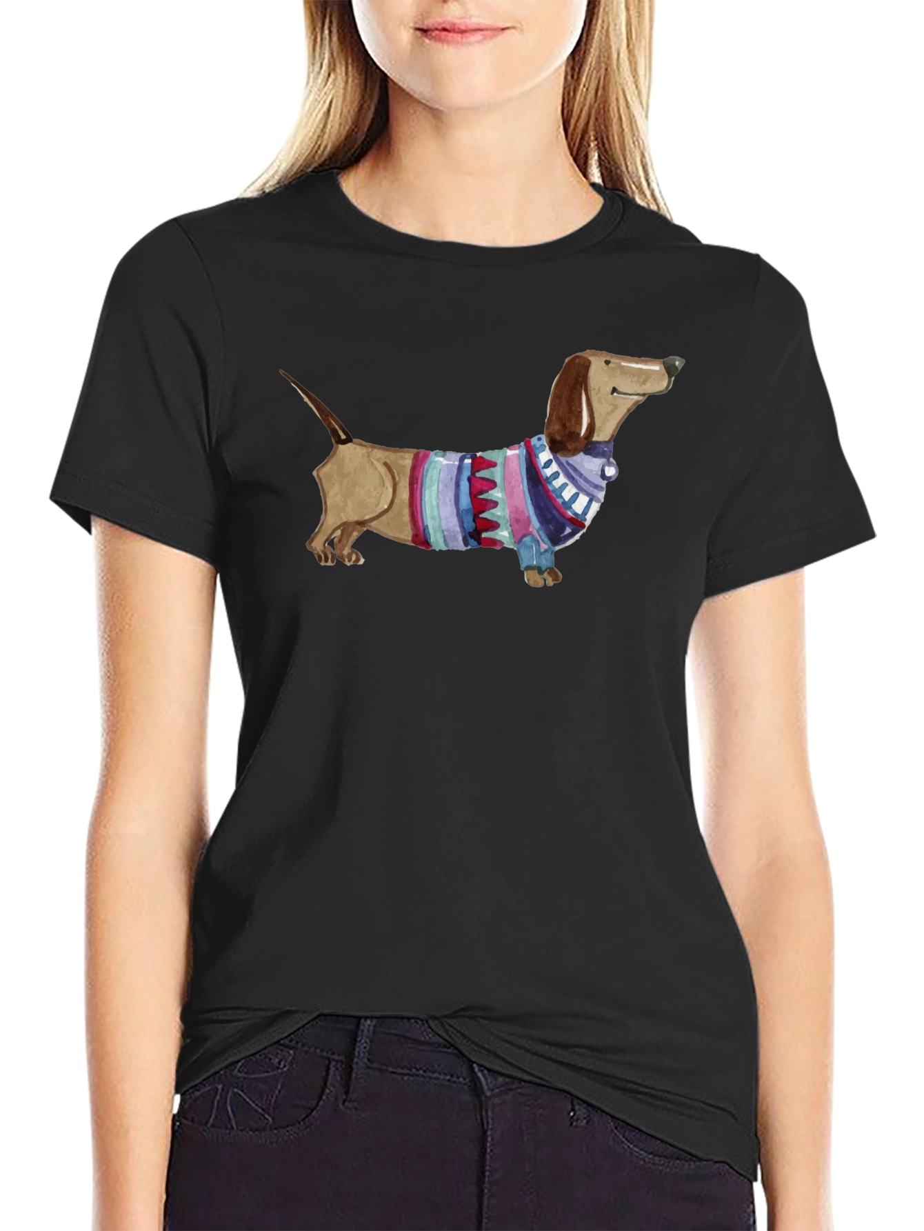 Dachshund in Sweater Graphic Tee - Unisex Black T-Shirt