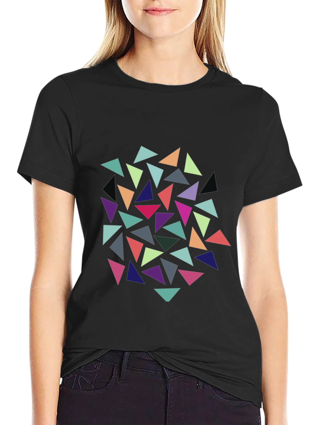Geometric Triangle Pattern Black T-Shirt