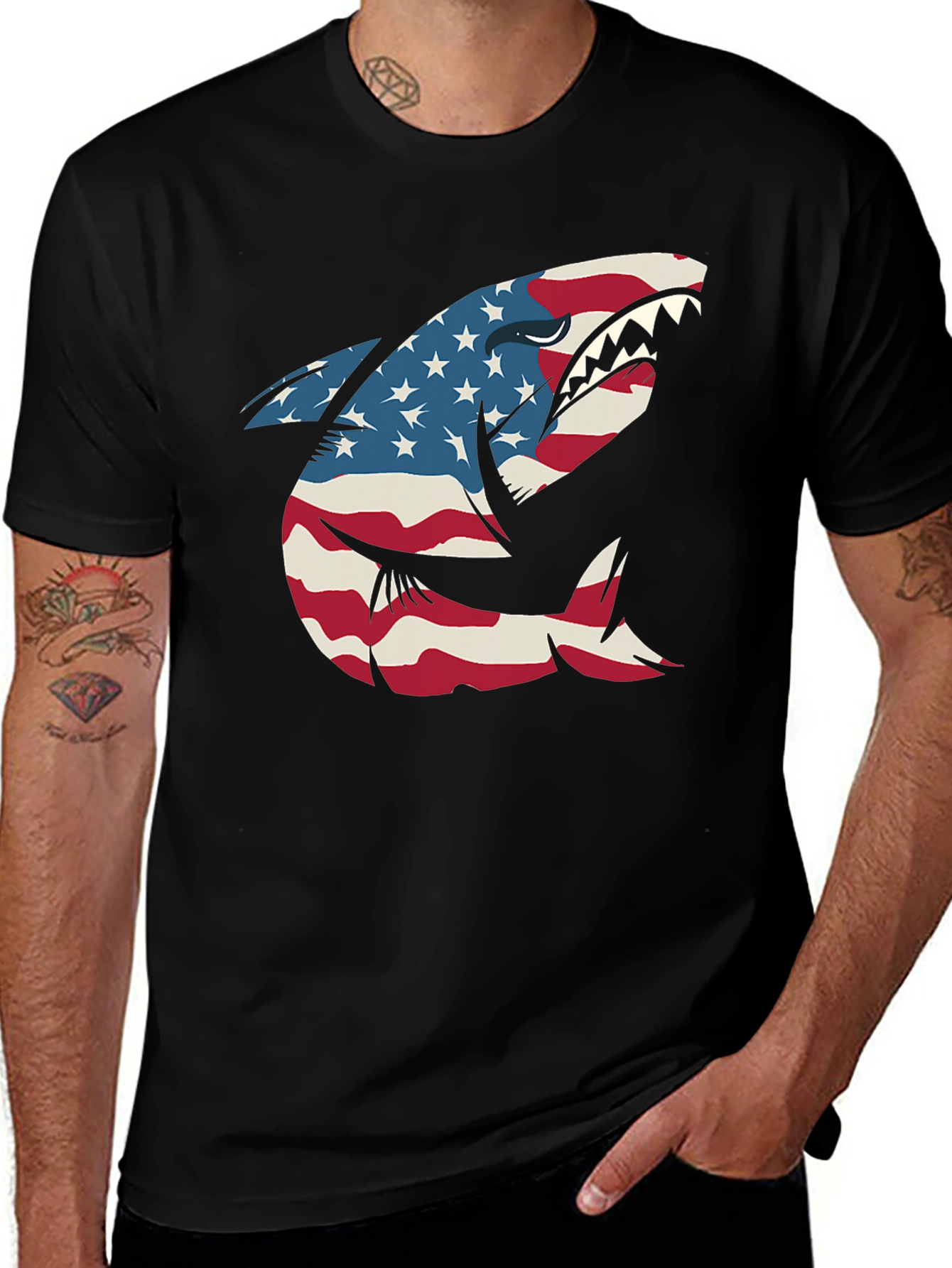 American Flag Shark Graphic Tee - Patriotic USA Pride!