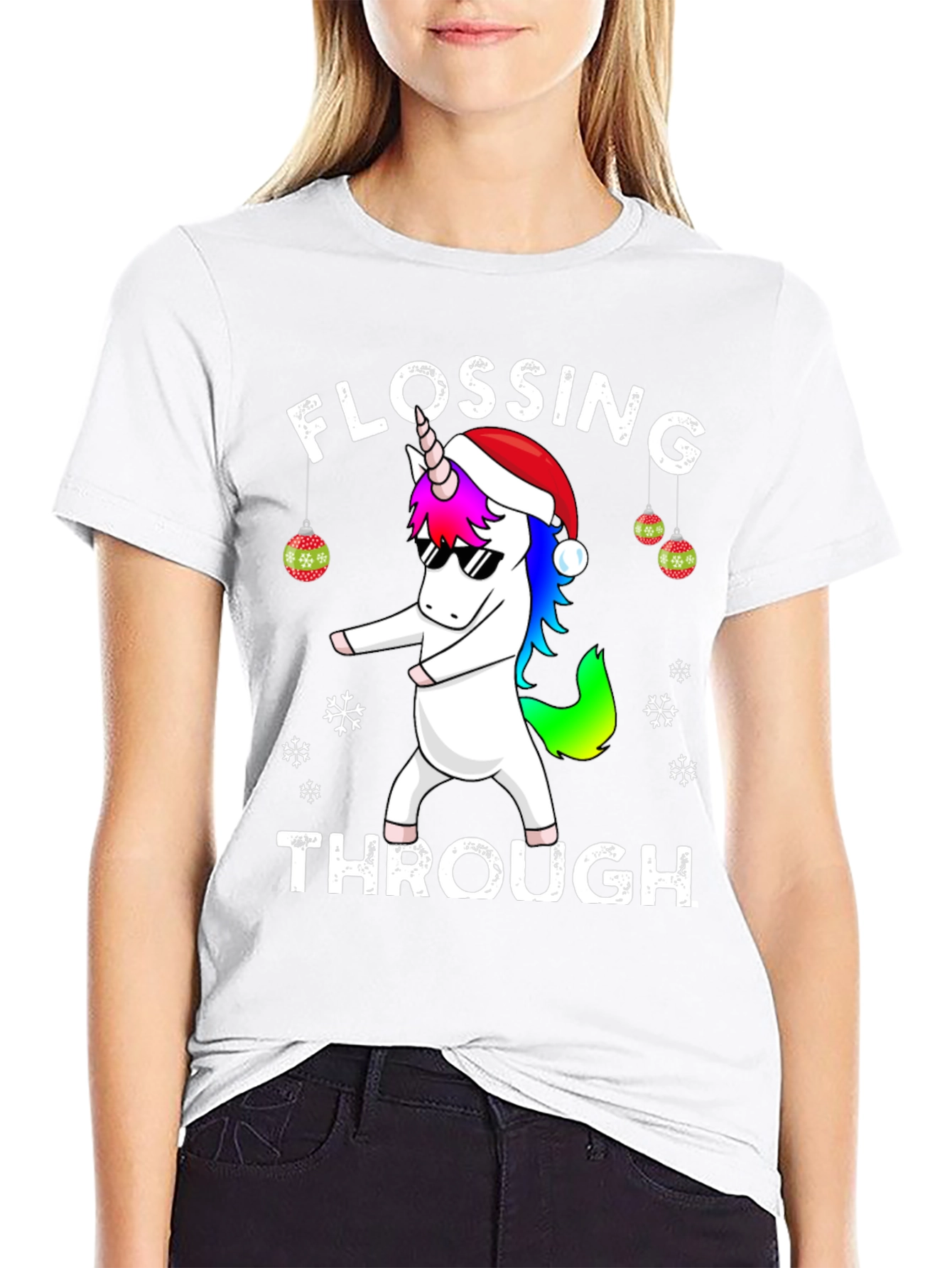 Flossing Through Christmas Unicorn Graphic Tee
