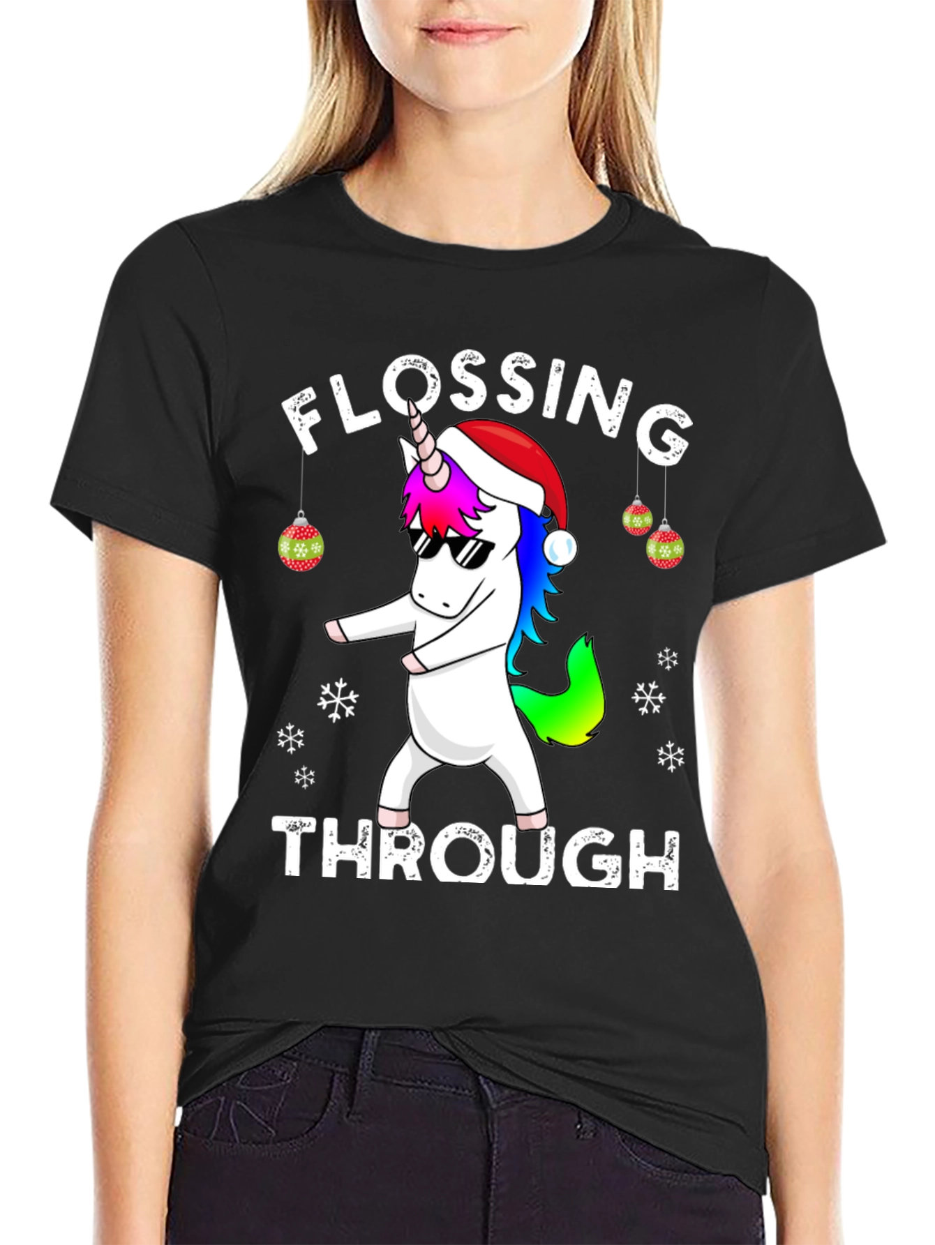 Flossing Through Christmas Unicorn Graphic Tee