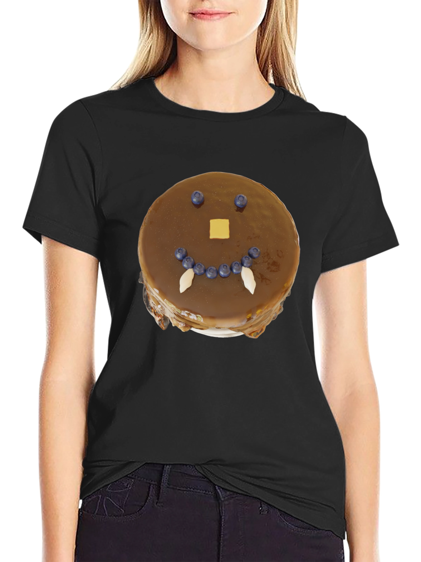 Funny Pancake Face Graphic Tee - Casual Black T-Shirt