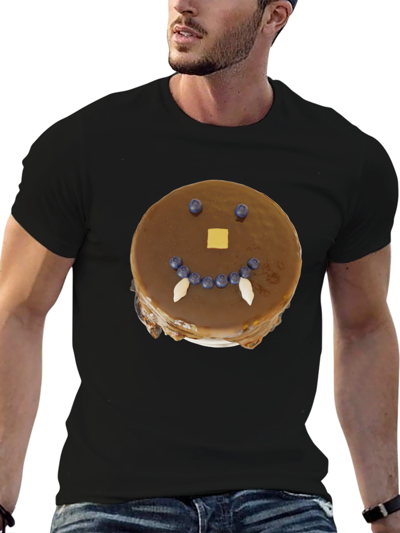 Funny Pancake Face Graphic Tee - Casual Black T-Shirt