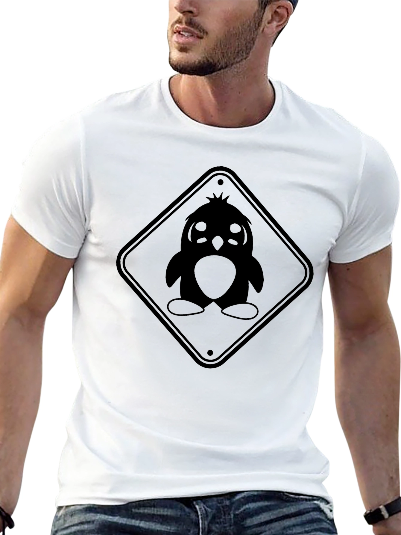 Penguin Caution Sign Graphic Tee - Unisex Black T-Shirt