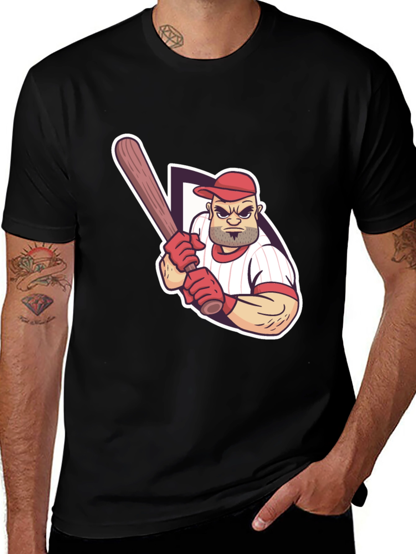 Baseball Player Graphic Tee - Black Cotton T-Shirt