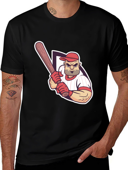 Baseball Player Graphic Tee - Black Cotton T-Shirt