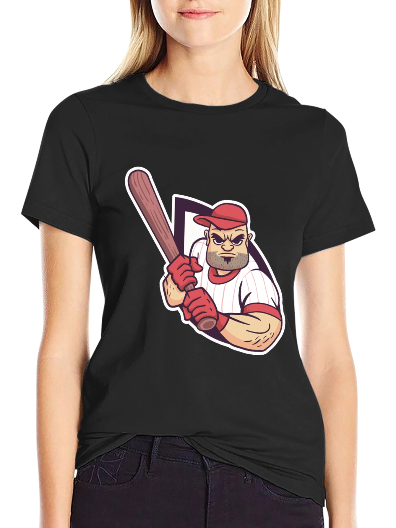 Baseball Player Graphic Tee - Black Cotton T-Shirt