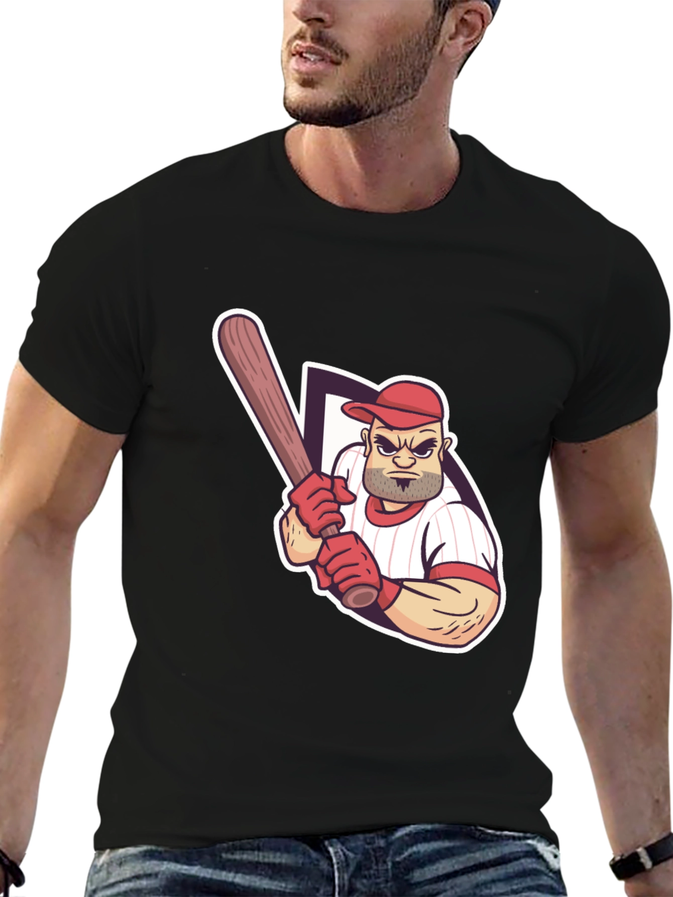 Baseball Player Graphic Tee - Black Cotton T-Shirt