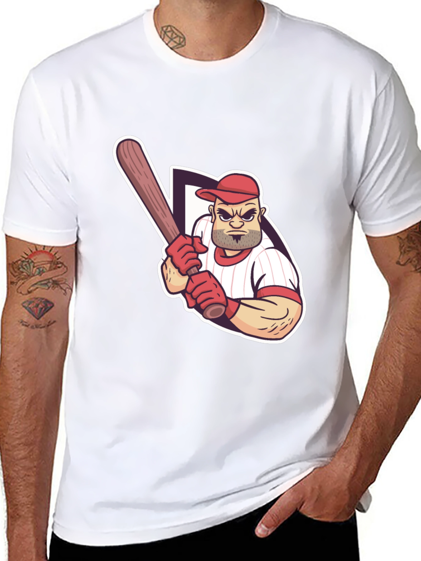 Baseball Player Graphic Tee - Black Cotton T-Shirt