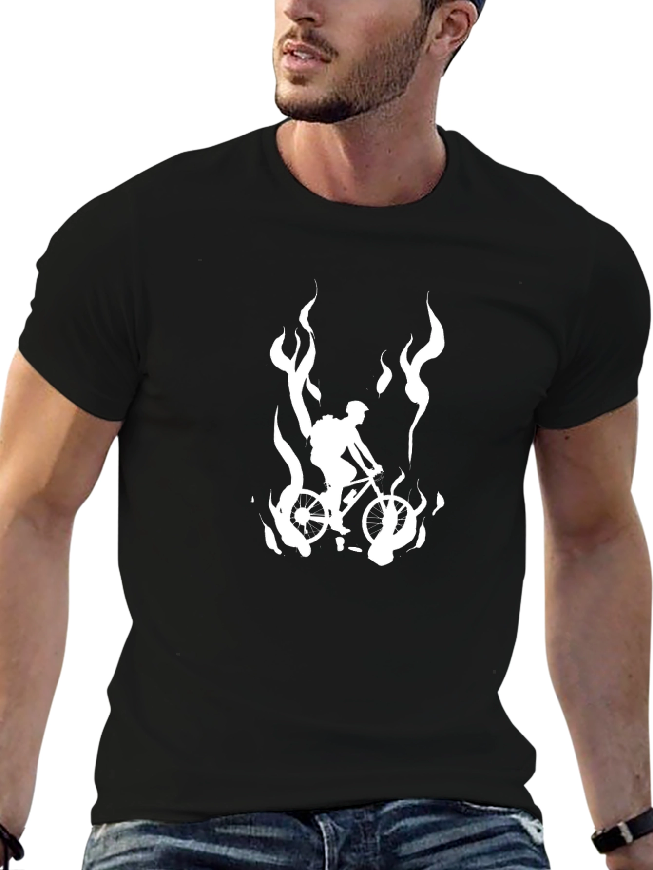 Biker on Fire Graphic Tee - Mens Black T-Shirt