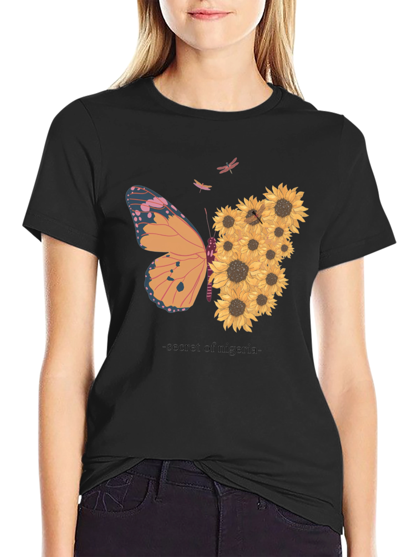 Butterfly Sunflower Graphic Tee - Black Cotton Comfort