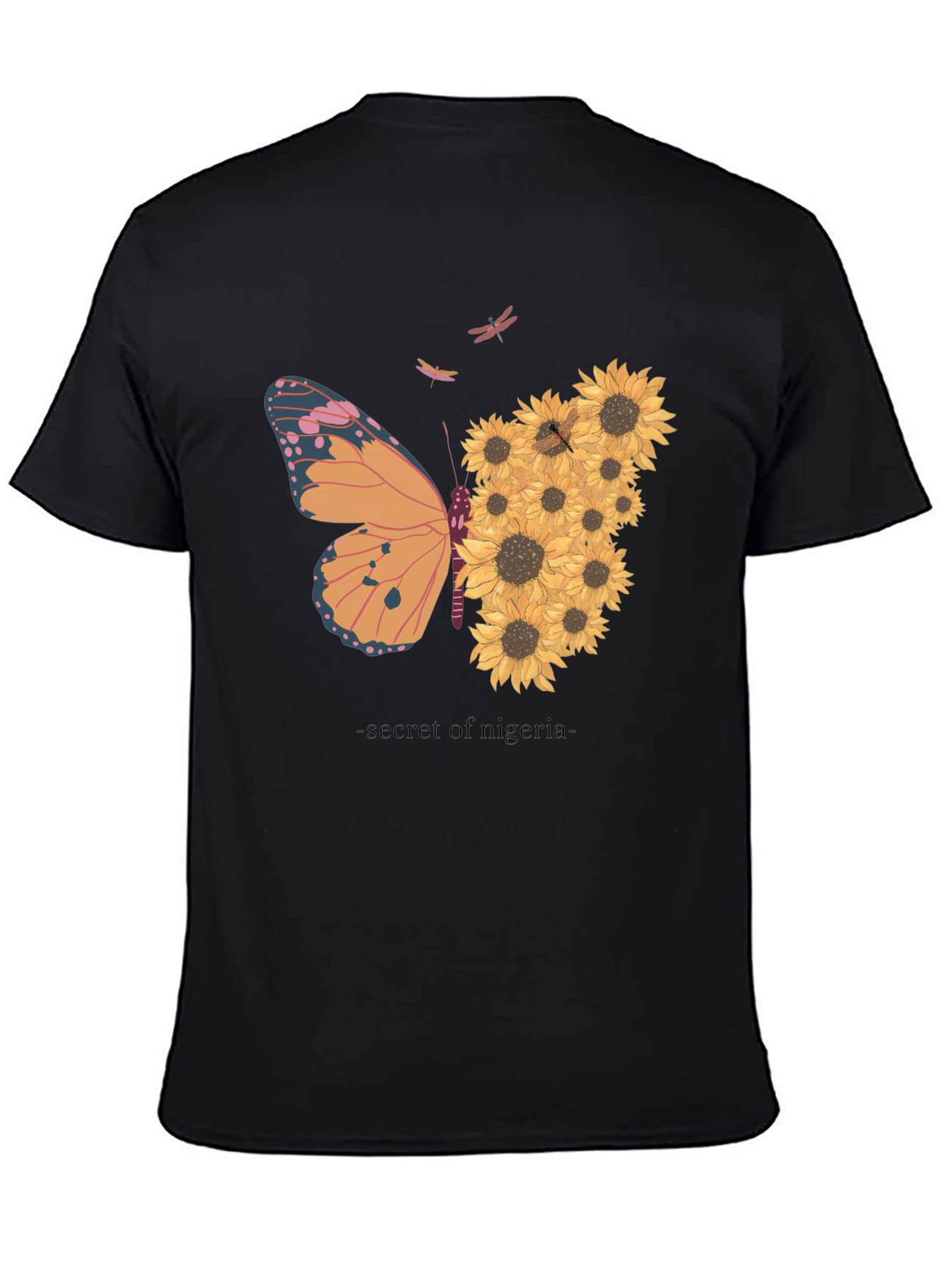 Butterfly Sunflower Graphic Tee - Black Cotton Comfort