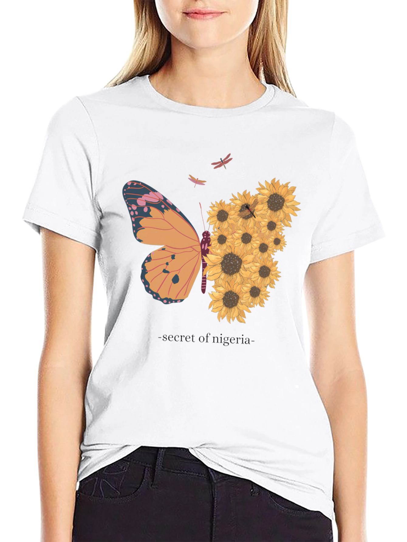 Butterfly Sunflower Graphic Tee - Black Cotton Comfort