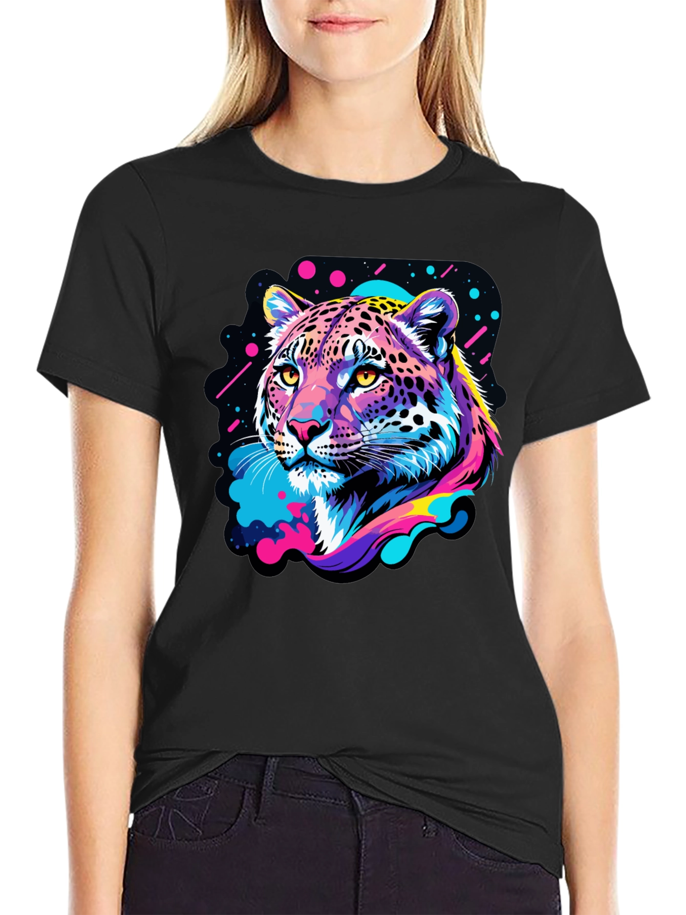 Neon Leopard Graphic Black T-Shirt