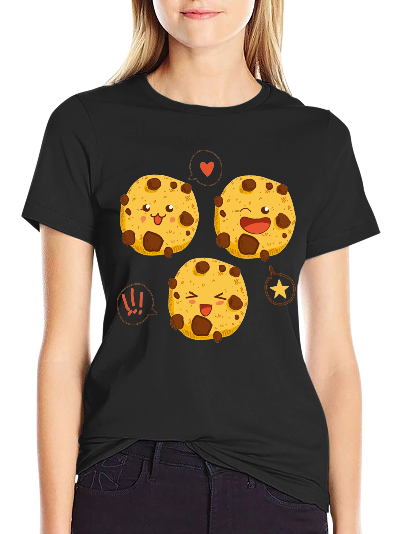 Cute Cartoon Cookies Graphic Tee - Black