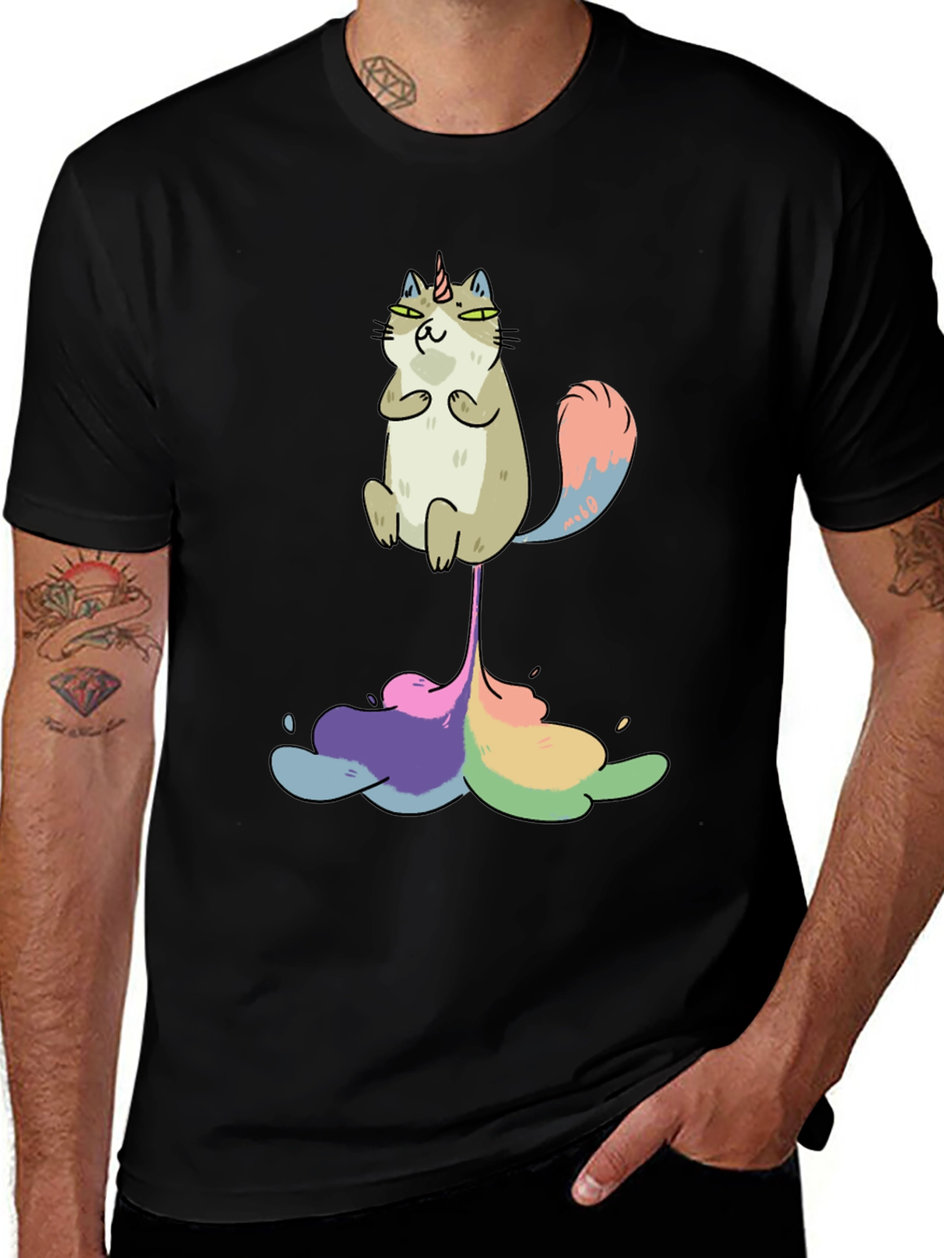Unicorn Cat Rainbow Funny Black T-Shirt