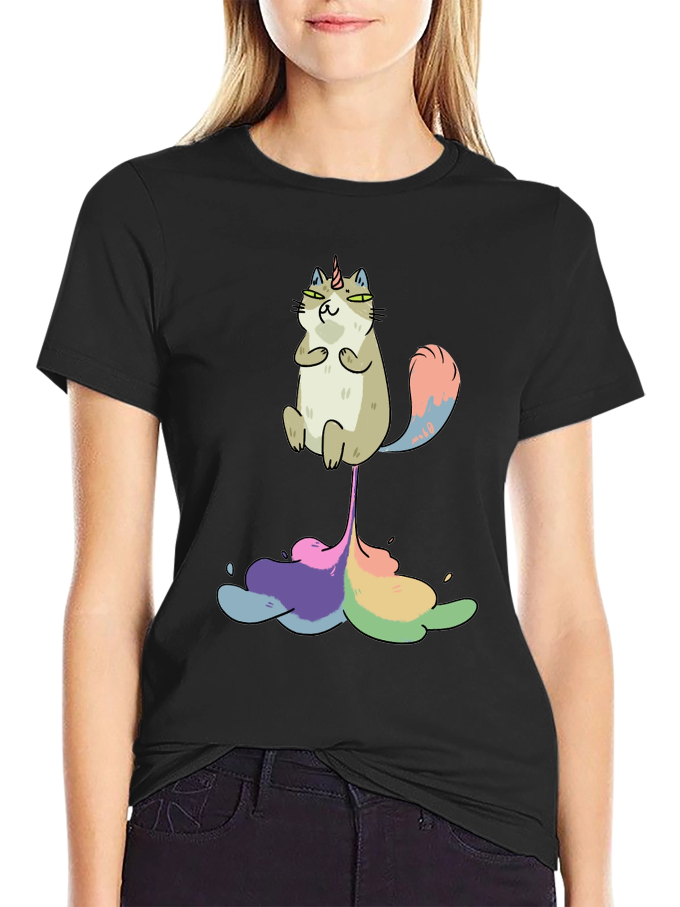 Unicorn Cat Rainbow Funny Black T-Shirt