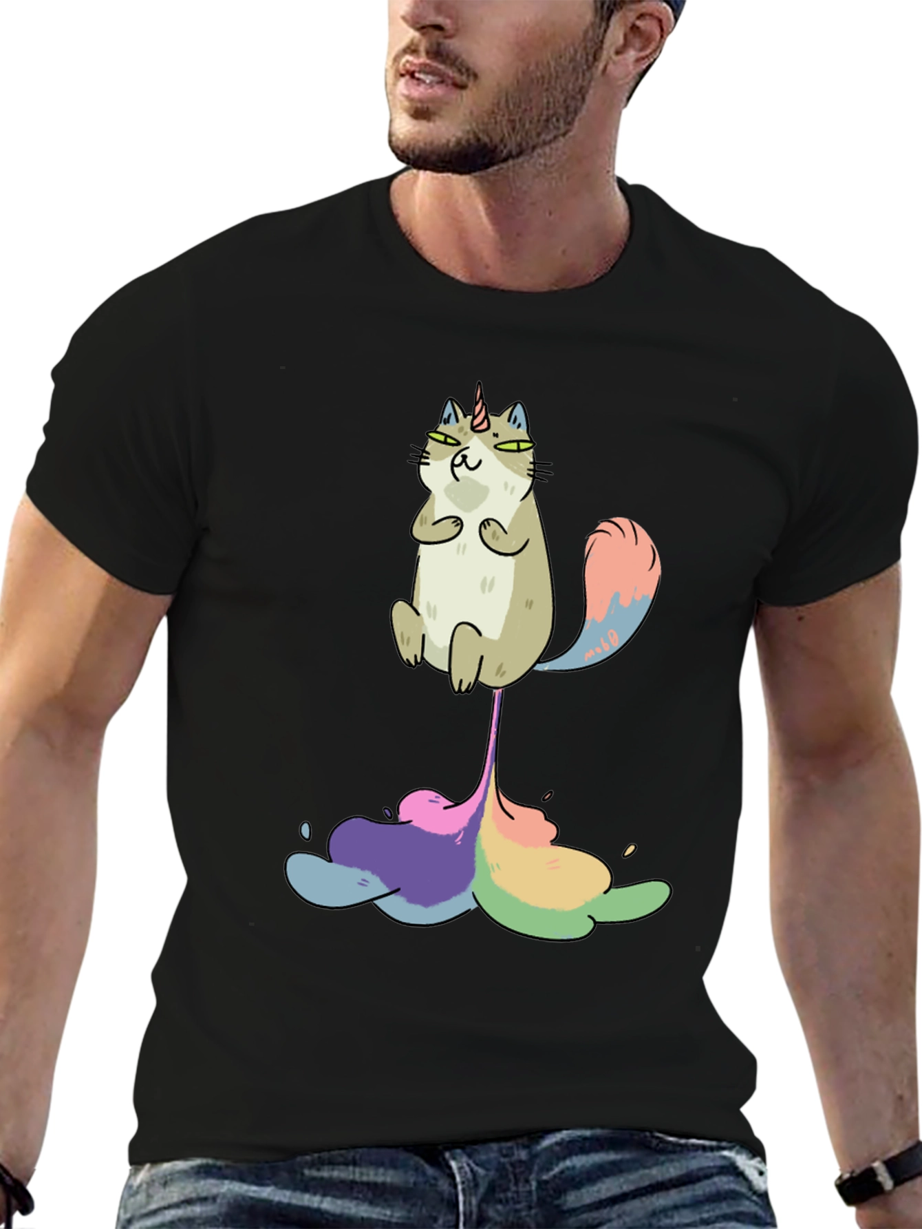 Unicorn Cat Rainbow Funny Black T-Shirt