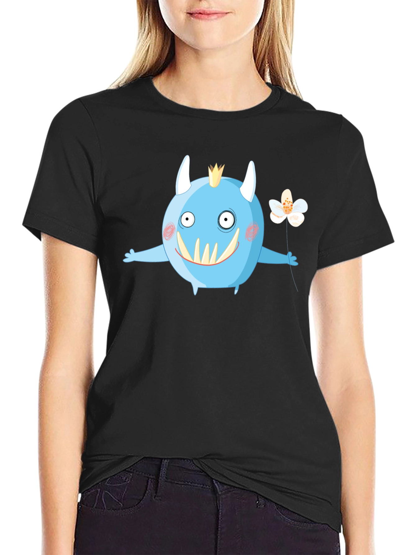 Monster with Flower Graphic Tee - Black