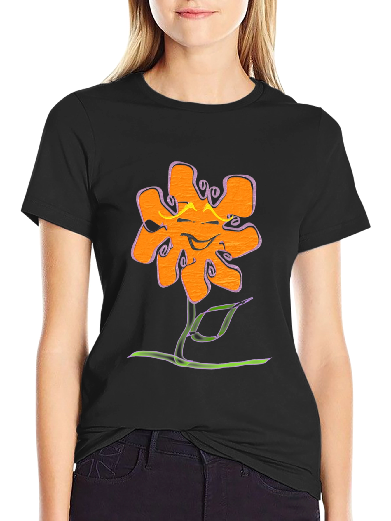 Funky Flower Graphic Tee - Black Cotton T-Shirt