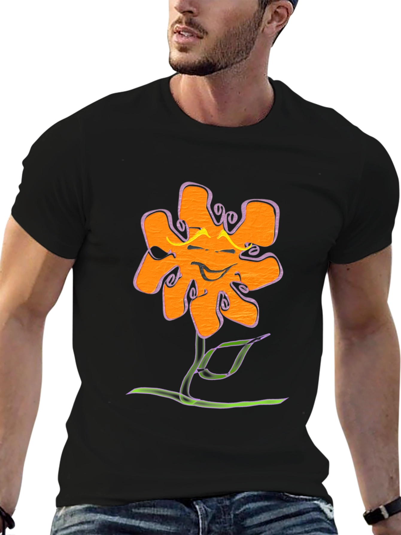 Funky Flower Graphic Tee - Black Cotton T-Shirt