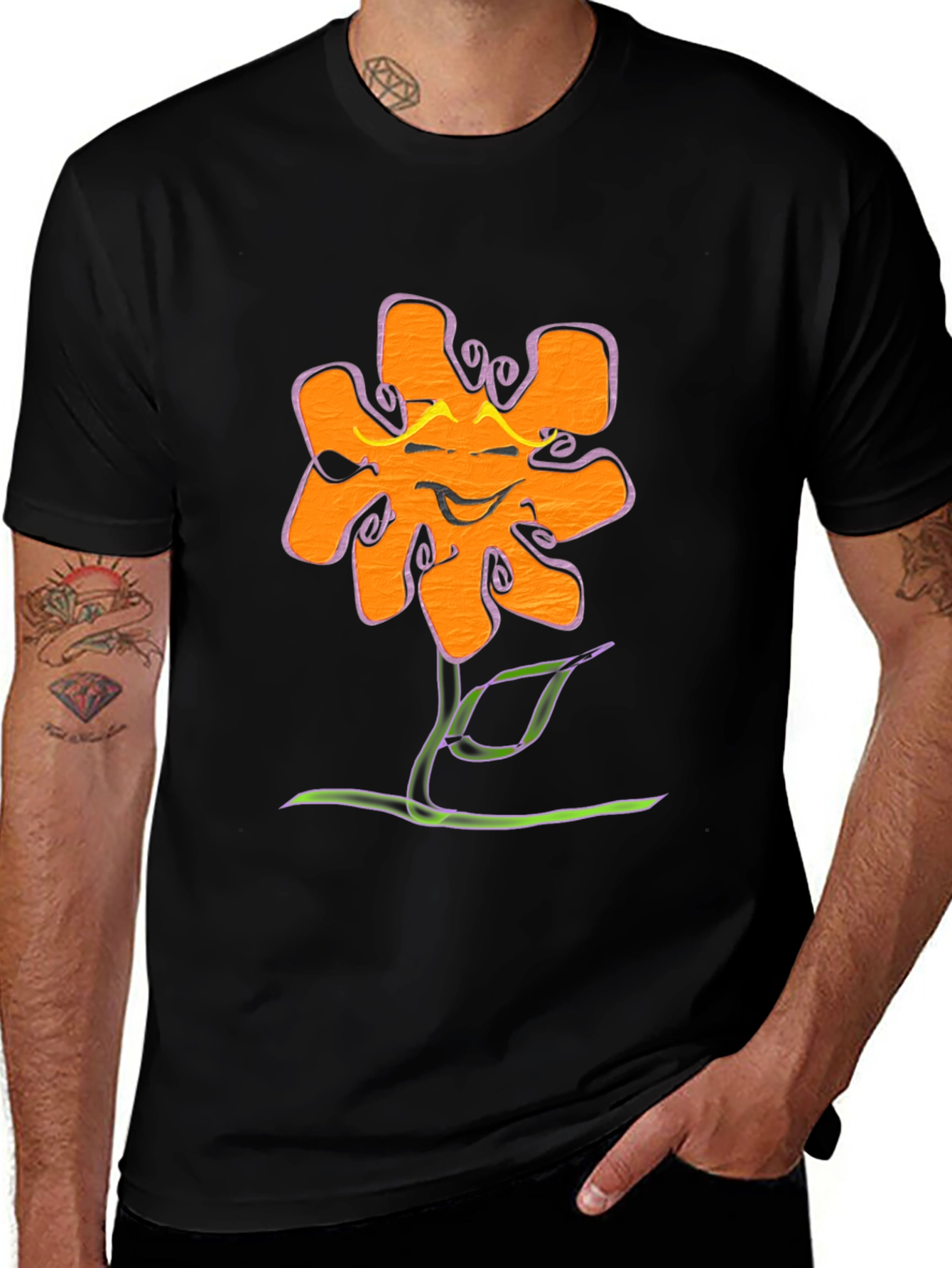 Funky Flower Graphic Tee - Black Cotton T-Shirt