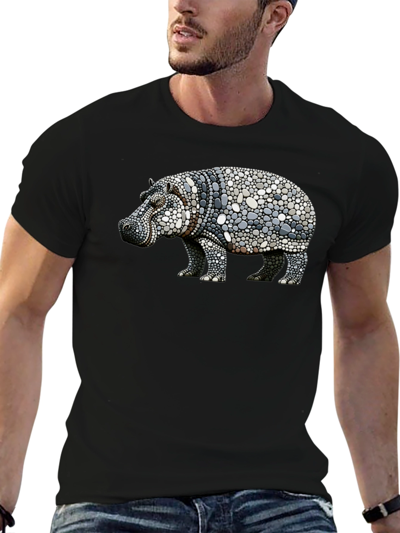 Hippo Pebble Art Graphic Tee - Black Cotton Shirt