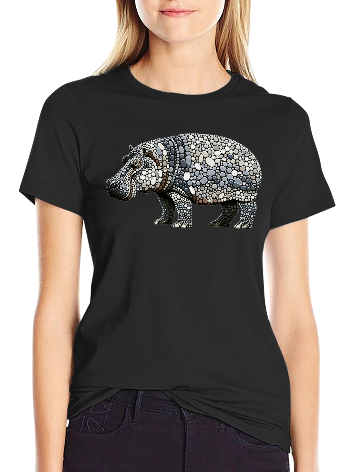 Hippo Pebble Art Graphic Tee - Black Cotton Shirt