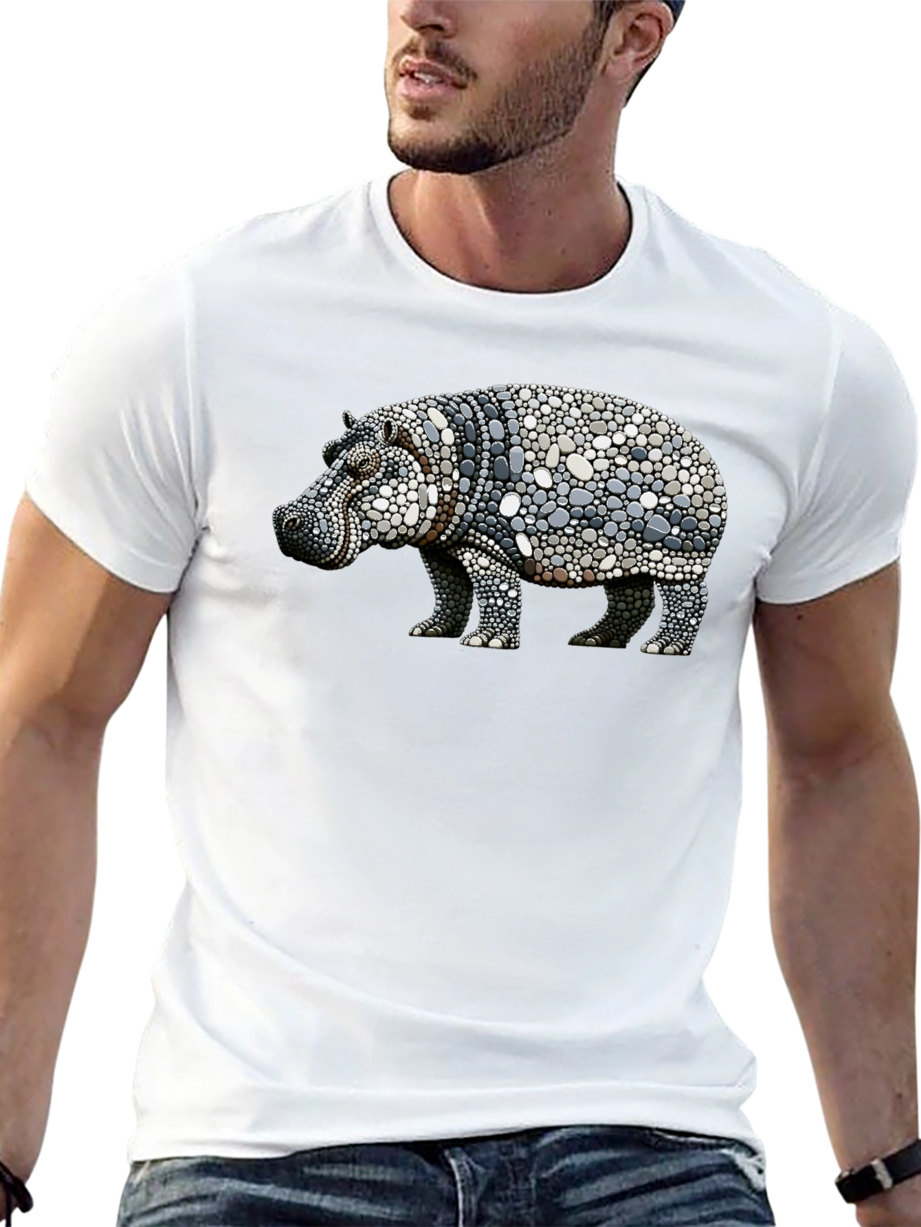 Hippo Pebble Art Graphic Tee - Black Cotton Shirt