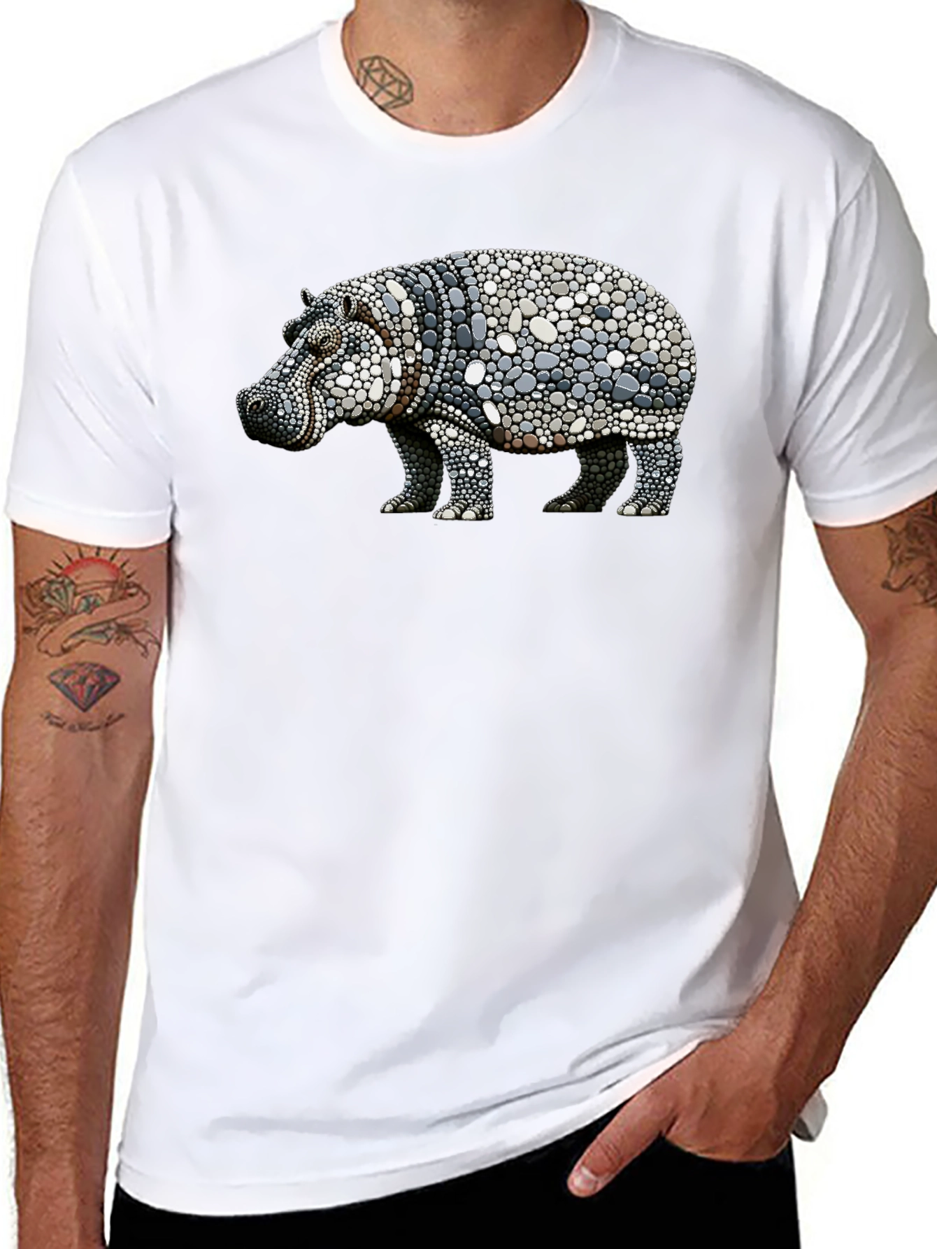 Hippo Pebble Art Graphic Tee - Black Cotton Shirt
