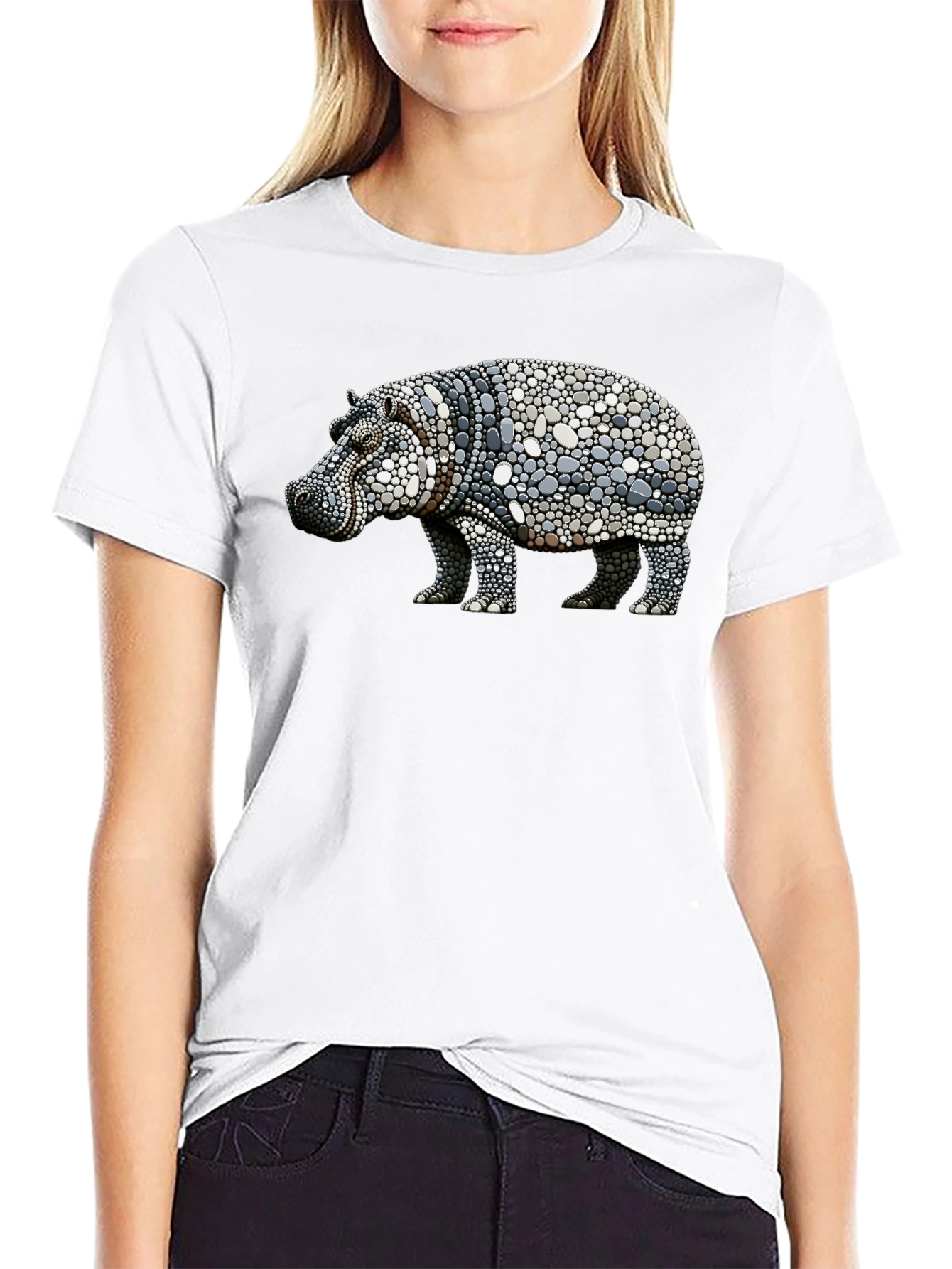 Hippo Pebble Art Graphic Tee - Black Cotton Shirt