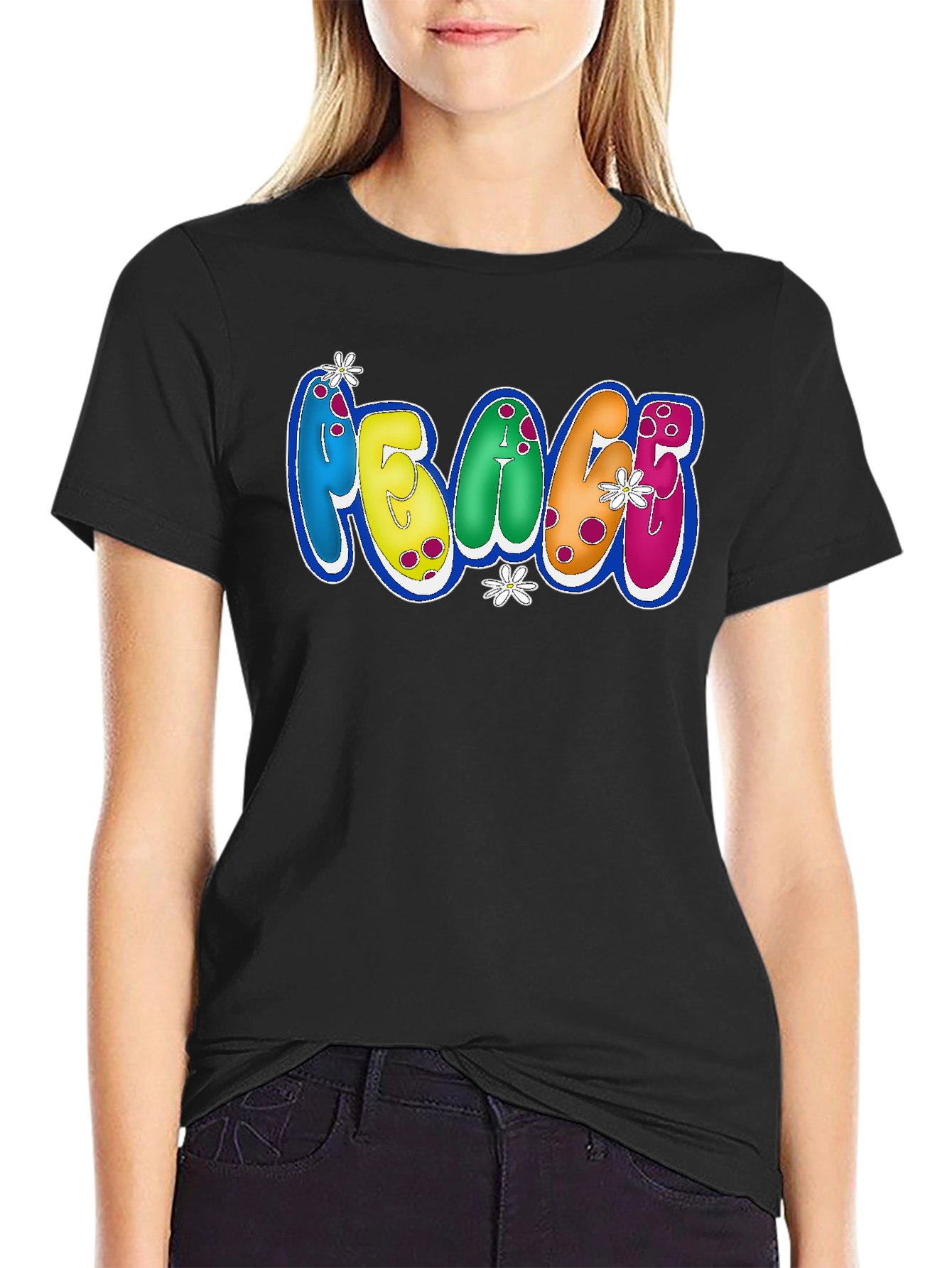 Peace Bubble Letter Graphic Black T-Shirt