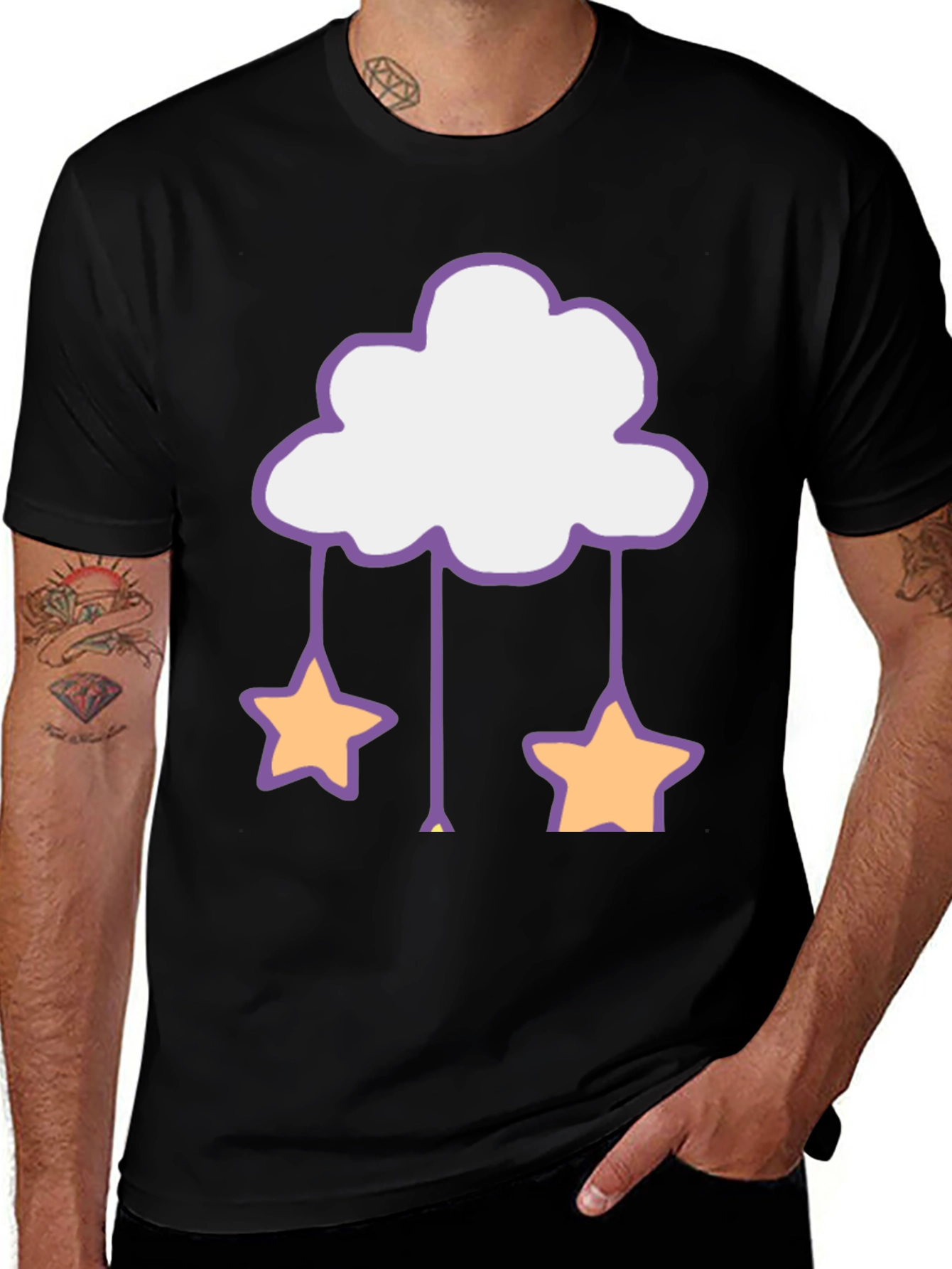 Cute Cloud & Star Graphic Tee - Black